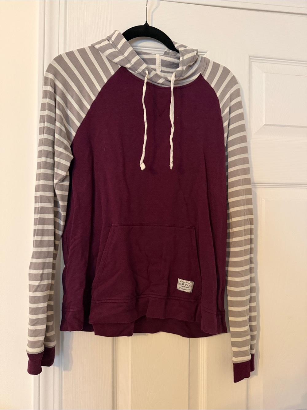 Orvis Maroon Pullover Hoodie with Gray-White Striped Sleeves